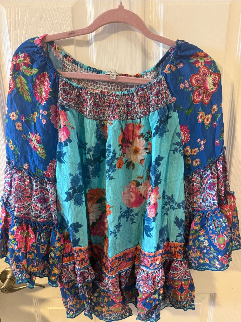 JOHN MARK!! Boho Floral Off-Shoulder Tunic in Turquoise and Blue